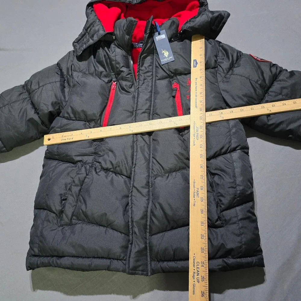U.S. Polo Assn. Puffer Jacket Kids Size L 14/16 Black Red Fleece Lined Hooded